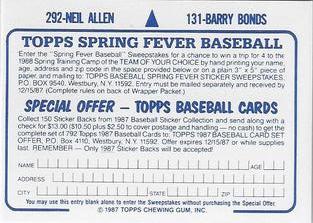 1987 Topps Stickers Hard Back Test Issue #131 / 292 Barry Bonds / Neil Allen Back