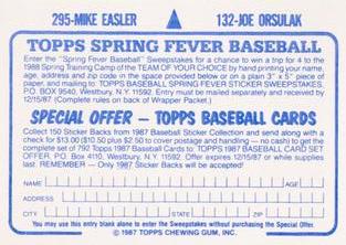 1987 Topps Stickers Hard Back Test Issue #132 / 295 Joe Orsulak / Mike Easler Back