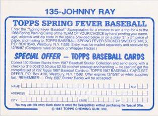 1987 Topps Stickers Hard Back Test Issue #135 Johnny Ray Back