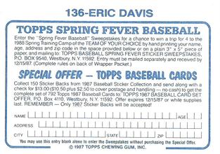 1987 Topps Stickers Hard Back Test Issue #136 Eric Davis Back