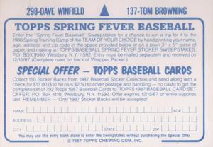 1987 Topps Stickers Hard Back Test Issue #137 / 298 Tom Browning / Dave Winfield Back
