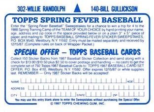 1987 Topps Stickers Hard Back Test Issue #140 / 302 Bill Gullickson / Willie Randolph Back