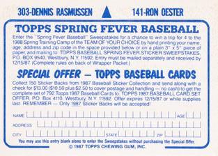 1987 Topps Stickers Hard Back Test Issue #141 / 303 Ron Oester / Dennis Rasmussen Back