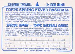 1987 Topps Stickers Hard Back Test Issue #144 / 306 Eddie Milner / Danny Tartabull Back