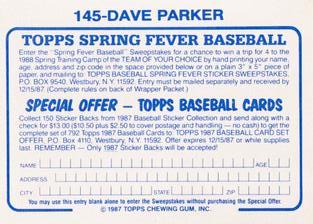 1987 Topps Stickers Hard Back Test Issue #145 Dave Parker Back