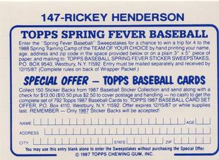 1987 Topps Stickers Hard Back Test Issue #147 Rickey Henderson Back