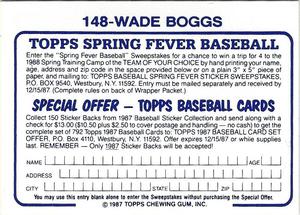 1987 Topps Stickers Hard Back Test Issue #148 Wade Boggs Back