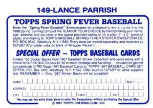 1987 Topps Stickers Hard Back Test Issue #149 Lance Parrish Back
