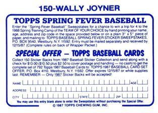 1987 Topps Stickers Hard Back Test Issue #150 Wally Joyner Back