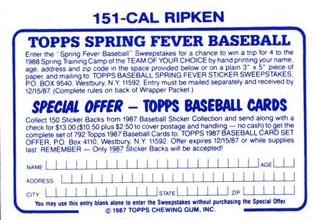 1987 Topps Stickers Hard Back Test Issue #151 Cal Ripken Back