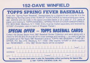 1987 Topps Stickers Hard Back Test Issue #152 Dave Winfield Back