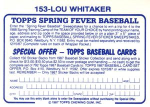 1987 Topps Stickers Hard Back Test Issue #153 Lou Whitaker Back