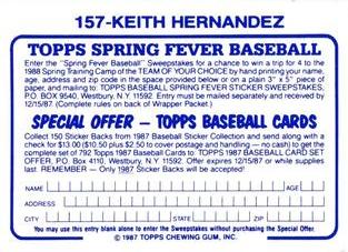 1987 Topps Stickers Hard Back Test Issue #157 Keith Hernandez Back