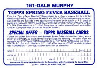 1987 Topps Stickers Hard Back Test Issue #161 Dale Murphy Back