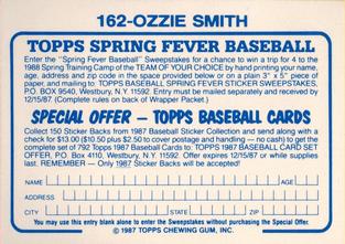 1987 Topps Stickers Hard Back Test Issue #162 Ozzie Smith Back