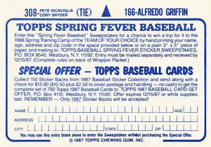 1987 Topps Stickers Hard Back Test Issue #166 / 308 Alfredo Griffin / Pete Incaviglia / Cory Snyder Back