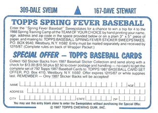 1987 Topps Stickers Hard Back Test Issue #167 / 309 Dave Stewart / Dale Sveum Back