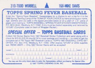 1987 Topps Stickers Hard Back Test Issue #168 / 310 Mike Davis / Todd Worrell Back