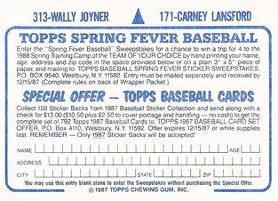 1987 Topps Stickers Hard Back Test Issue #171 / 313 Carney Lansford / Wally Joyner Back