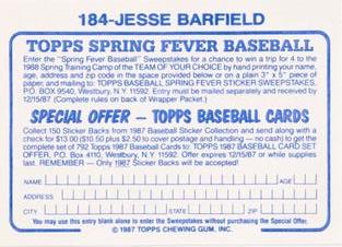 1987 Topps Stickers Hard Back Test Issue #184 Jesse Barfield Back