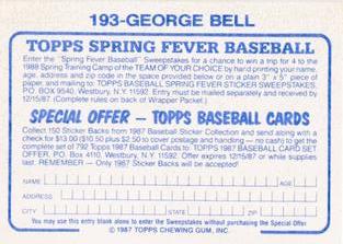 1987 Topps Stickers Hard Back Test Issue #193 George Bell Back