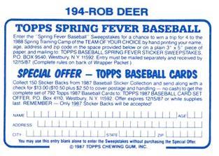 1987 Topps Stickers Hard Back Test Issue #194 Rob Deer Back