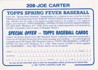 1987 Topps Stickers Hard Back Test Issue #208 Joe Carter Back