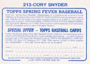 1987 Topps Stickers Hard Back Test Issue #213 Cory Snyder Back