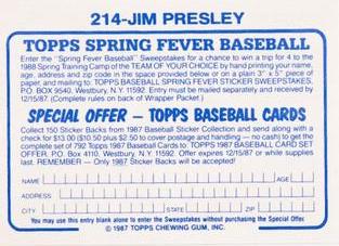 1987 Topps Stickers Hard Back Test Issue #214 Jim Presley Back