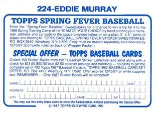 1987 Topps Stickers Hard Back Test Issue #224 Eddie Murray Back