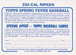 1987 Topps Stickers Hard Back Test Issue #233 Cal Ripken Back