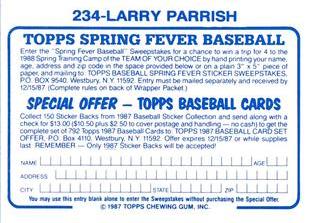 1987 Topps Stickers Hard Back Test Issue #234 Larry Parrish Back