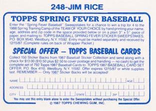 1987 Topps Stickers Hard Back Test Issue #248 Jim Rice Back