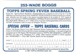 1987 Topps Stickers Hard Back Test Issue #253 Wade Boggs Back