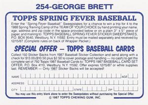 1987 Topps Stickers Hard Back Test Issue #254 George Brett Back