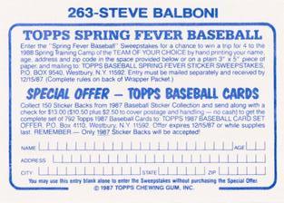 1987 Topps Stickers Hard Back Test Issue #263 Steve Balboni Back