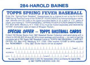 1987 Topps Stickers Hard Back Test Issue #284 Harold Baines Back
