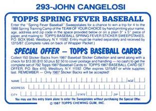 1987 Topps Stickers Hard Back Test Issue #293 John Cangelosi Back