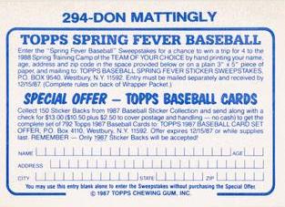 1987 Topps Stickers Hard Back Test Issue #294 Don Mattingly Back