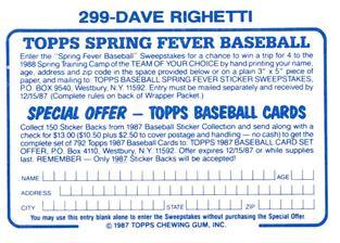 1987 Topps Stickers Hard Back Test Issue #299 Dave Righetti Back