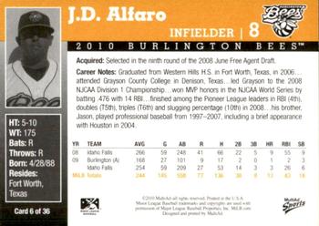 2010 MultiAd Burlington Bees #6 J.D. Alfaro Back
