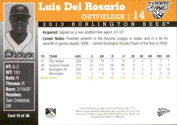 2010 MultiAd Burlington Bees #10 Luis Del Rosario Back