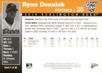 2010 MultiAd Burlington Bees #11 Ryan Dennick Back
