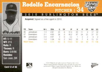 2010 MultiAd Burlington Bees #12 Rodolfo Encarnacion Back