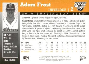 2010 MultiAd Burlington Bees #13 Adam Frost Back