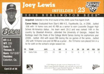 2010 MultiAd Burlington Bees #22 Joey Lewis Back