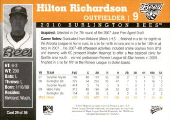 2010 MultiAd Burlington Bees #29 Hilton Richardson Back