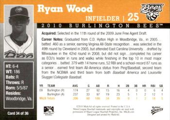 2010 MultiAd Burlington Bees #34 Ryan Wood Back