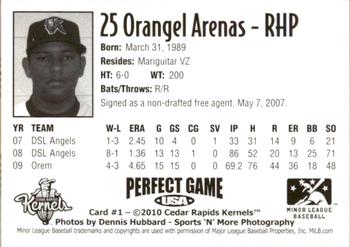 2010 Perfect Game Cedar Rapids Kernels #1 Orangel Arenas Back