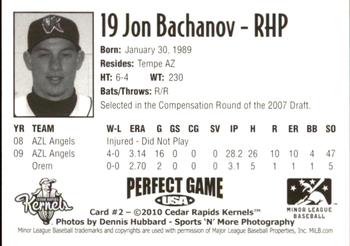 2010 Perfect Game Cedar Rapids Kernels #2 Jonathan Bachanov Back
